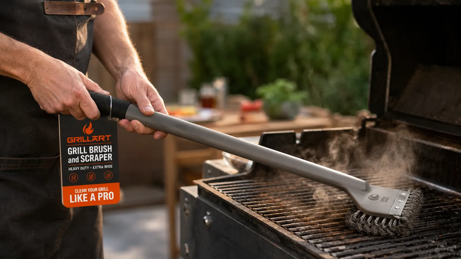Hand holding the GRILLART bristle-free grill brush over a hot gas grill grate