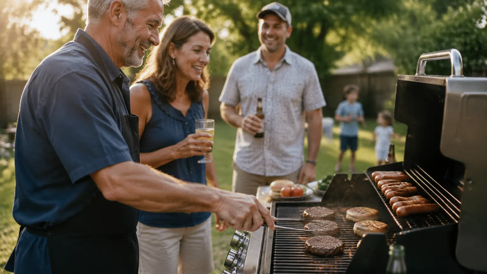Family cookout with burgers on a clean grill, kids in background, no worries about food safety