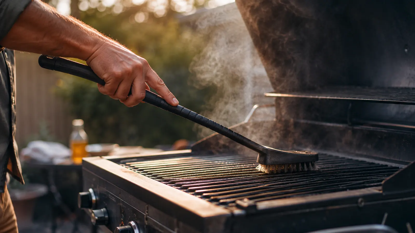 Backyard grill grates being scrubbed clean with a bristle-free grill brush at golden hour