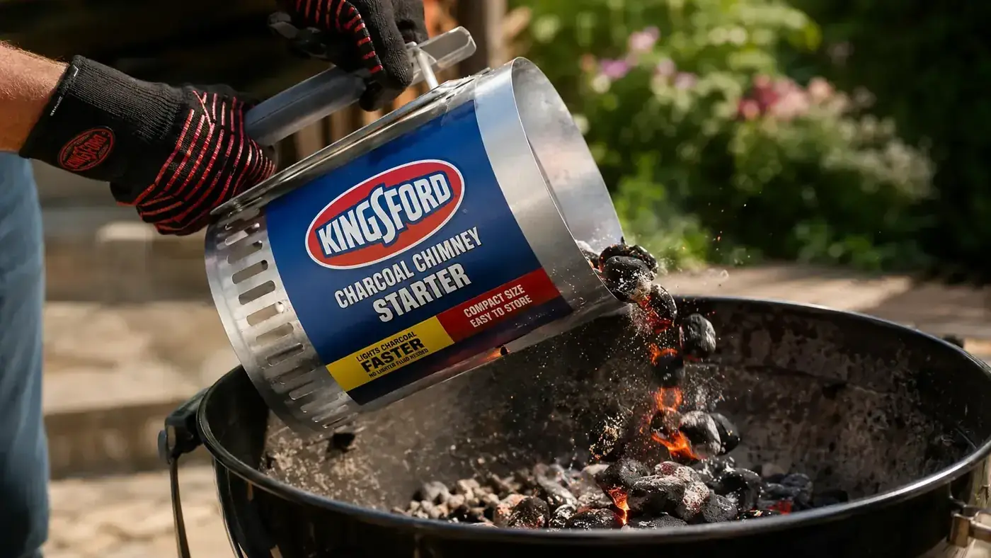 Hand holding the Kingsford chimney starter over a charcoal grill, pouring lit coals into the kettle