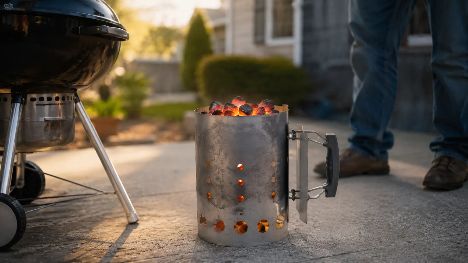 Charcoal chimney starter with glowing coals on a backyard patio, ready to pour into a kettle grill