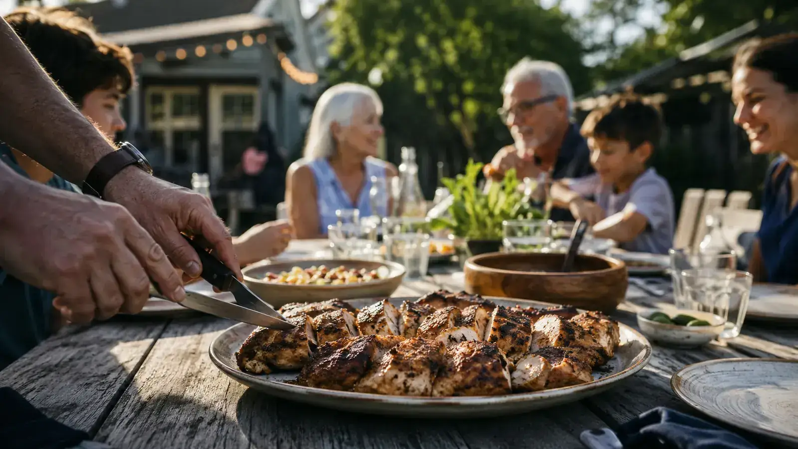 Family gathered around a picnic table with a platter of sliced grilled chicken, all smiling