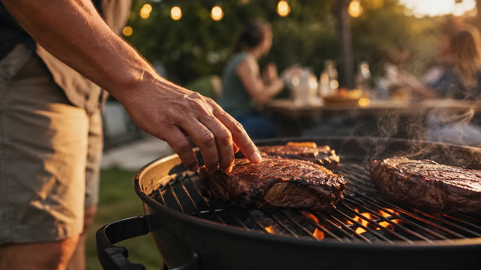 Backyard grill at dusk with glowing coals and a hand reaching in with a thermometer probe