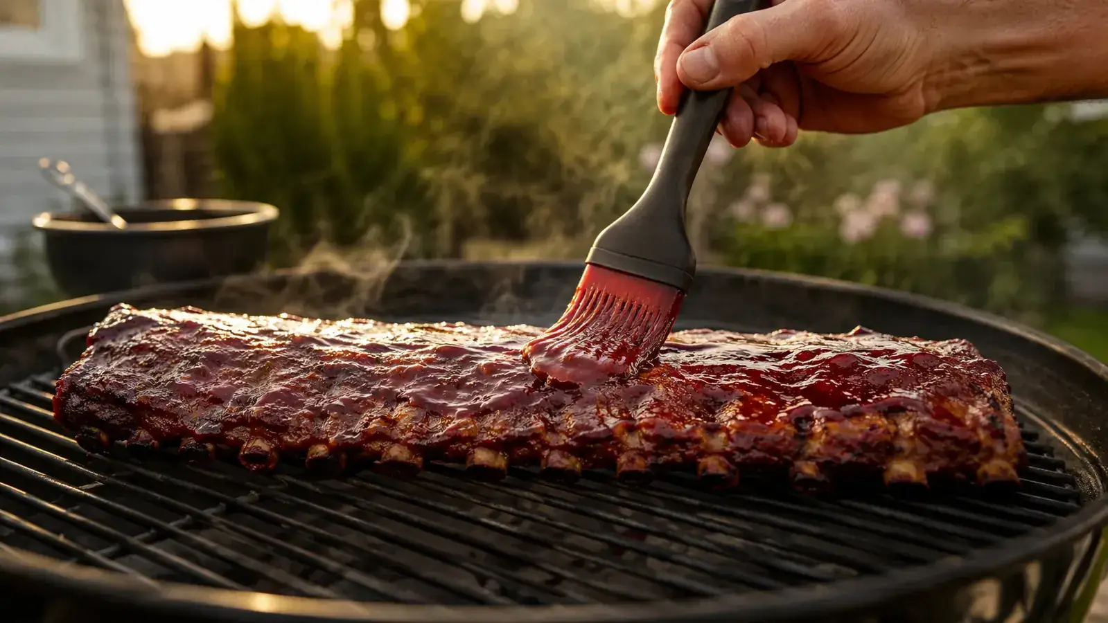 Silicone basting brush applying BBQ sauce to glazed ribs on a charcoal grill, smoke rising in the background