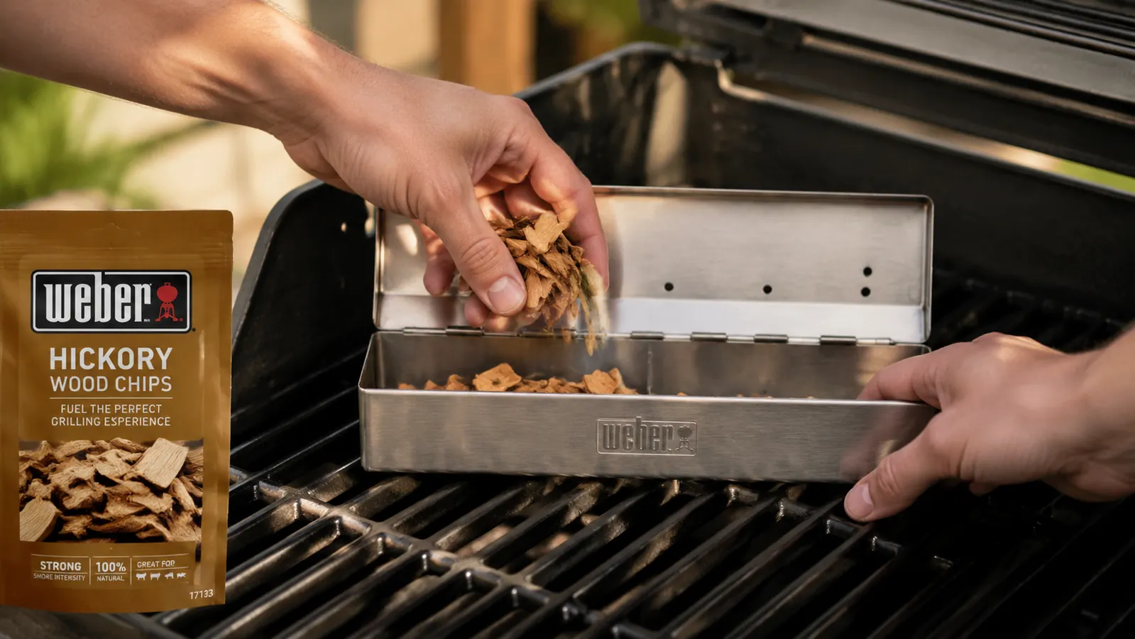 Hand placing wood chips into the open lid of a Weber smoker box balanced on a gas burner