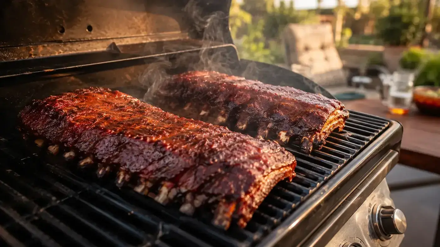 Pork ribs resting on a gas grill grate with a smoker box visible in the background and a deep mahogany bark forming on the meat