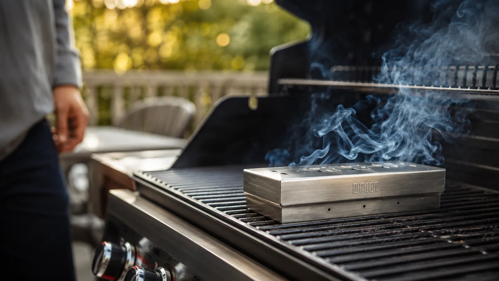 Weber stainless steel smoker box sitting on a gas grill grate with smoke curling out, wood chips visible inside