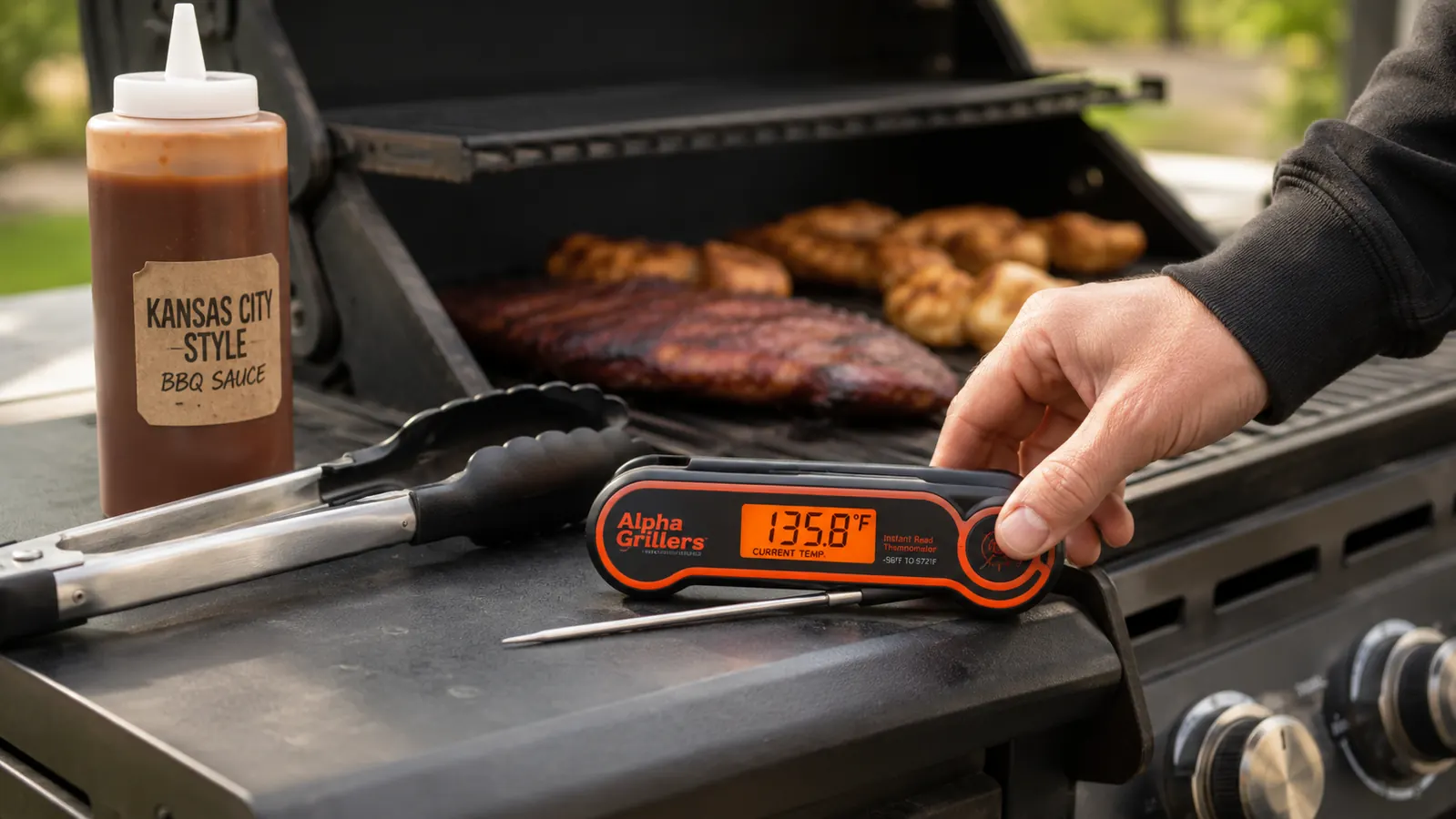 Thermometer display showing the auto-shutoff warning indicator, resting on a grill shelf next to tongs and a bottle of BBQ sauce