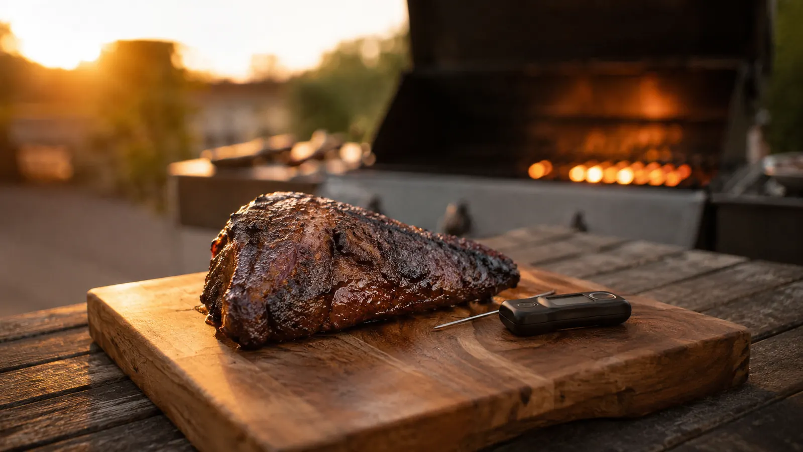 Alpha Grillers instant-read thermometer lying on a wooden cutting board beside a grilled tri-tip, backyard grill in the background at dusk