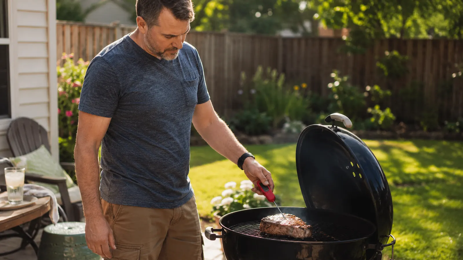 Backyard pitmaster at a charcoal kettle grill on a sunny Saturday afternoon, tongs in one hand, thermometer in the other