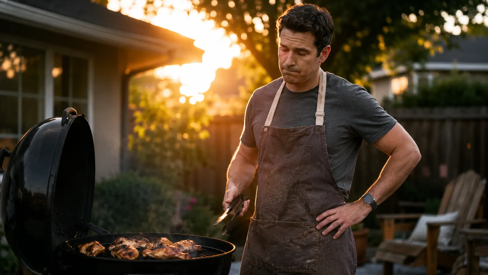 Backyard grill with chicken thighs on the grates, warm late-afternoon light, suburban backyard setting