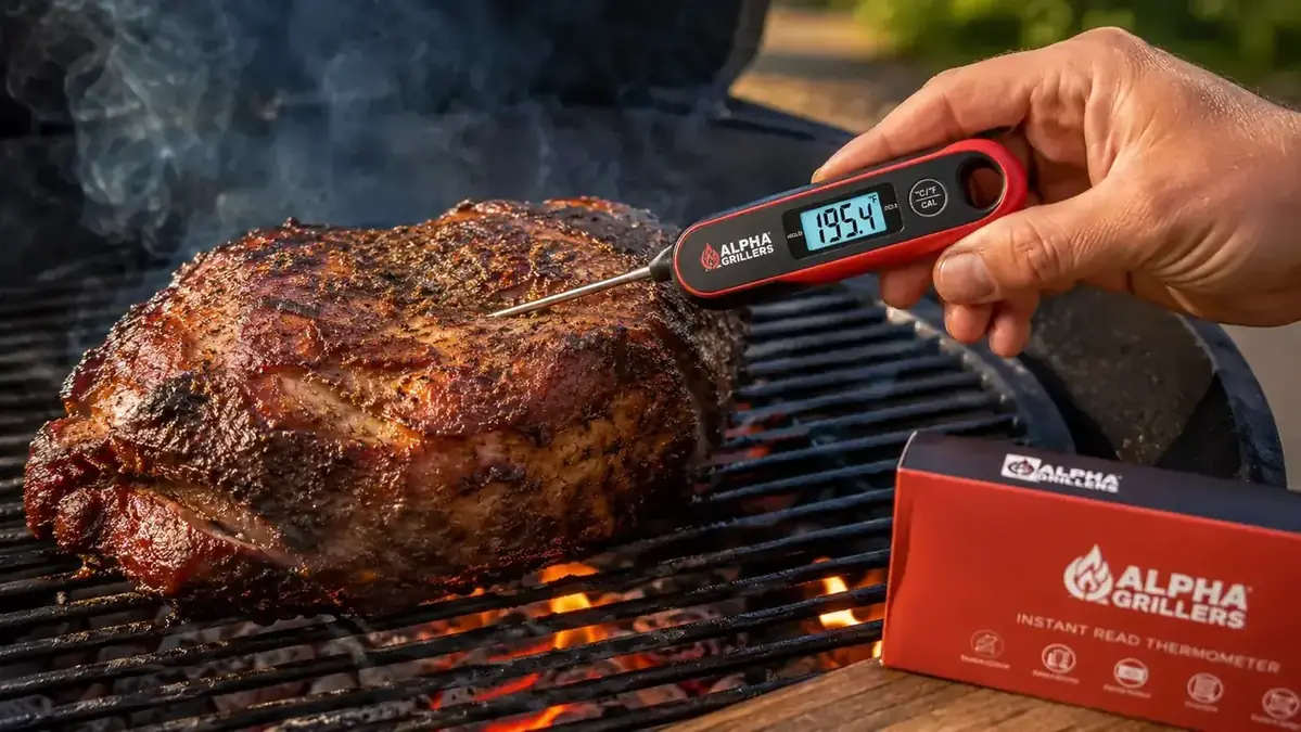 Hand pressing the Alpha Grillers thermometer probe into a pork shoulder on a charcoal grill