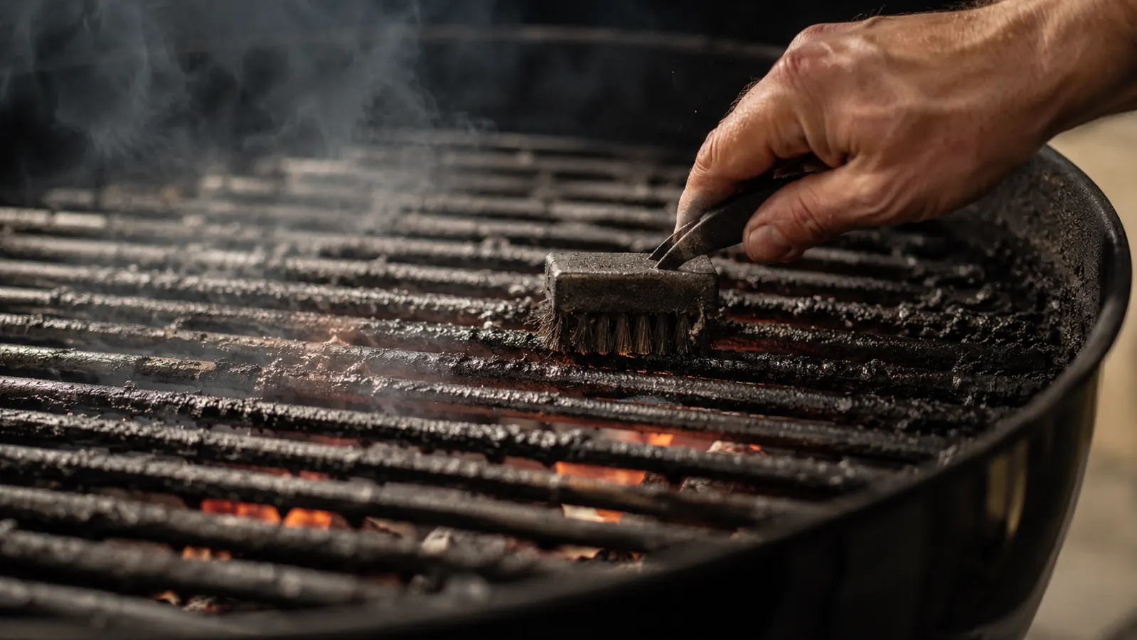 Close-up of a dirty grill grate being cleaned with a bristle-free grill brush, smoke still rising from the coals underneath
