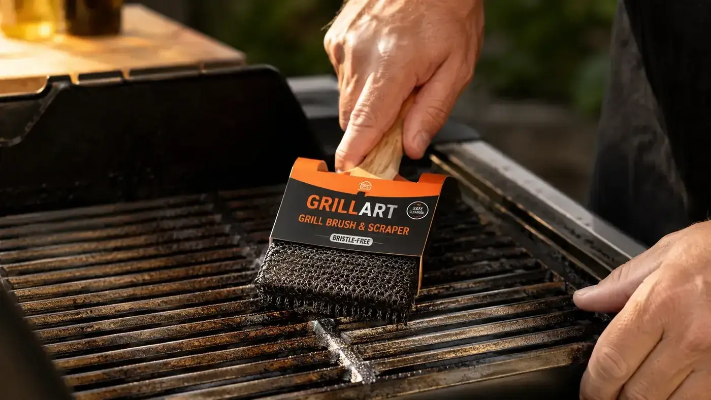 Close-up of the GRILLART woven-wire head pressed against stainless steel grill grates, showing three-sided contact cleaning
