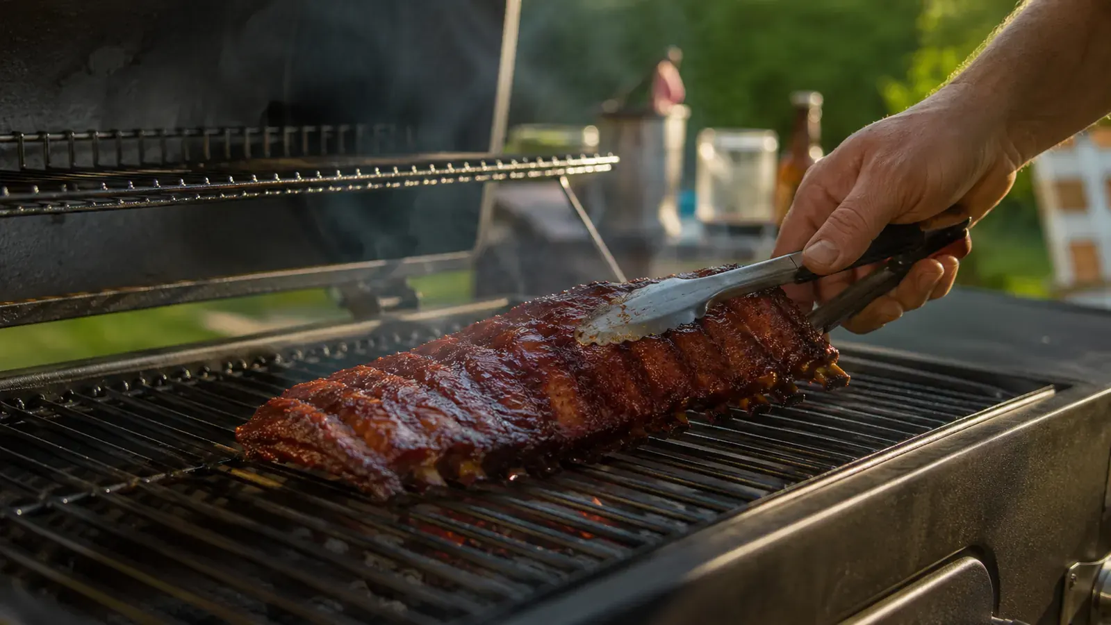 Clean grill grates after brushing, ready for the next cook, with a rack of ribs being placed on them