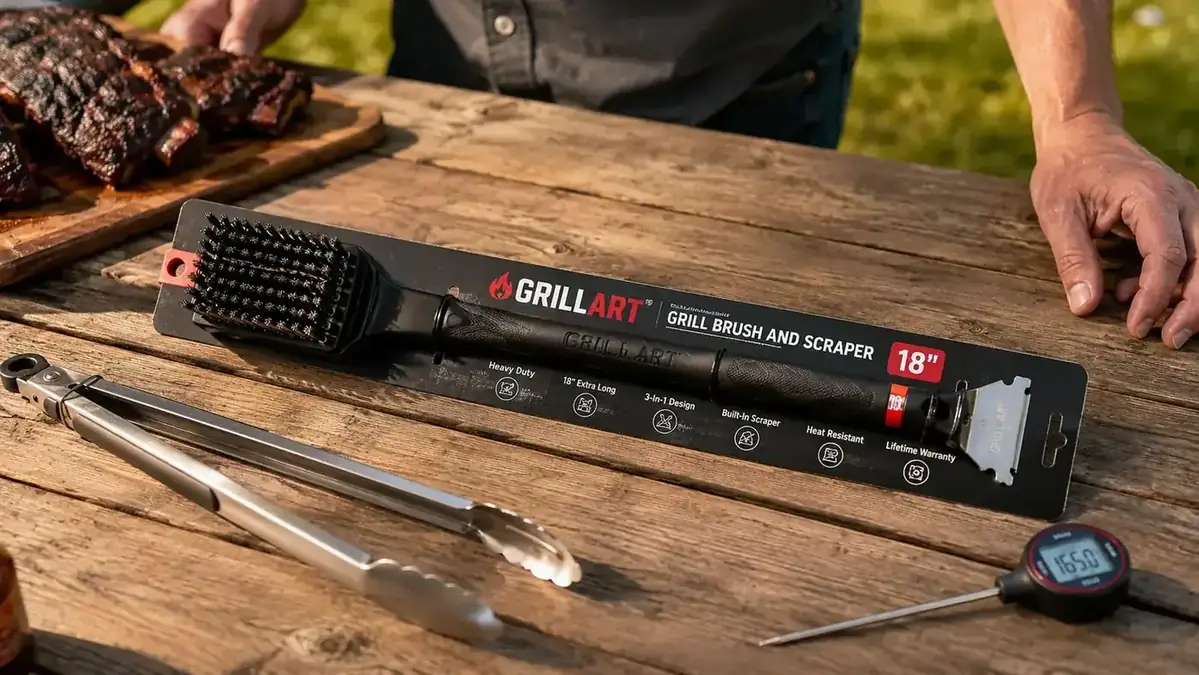 The GRILLART grill brush lying on a wooden patio table next to a pair of grilling tongs, showing the full 18-inch length