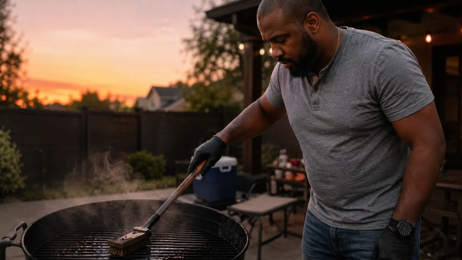 Person using a long-handled grill brush to clean hot cast iron grates on a charcoal kettle grill, steam rising, backyard setting at dusk