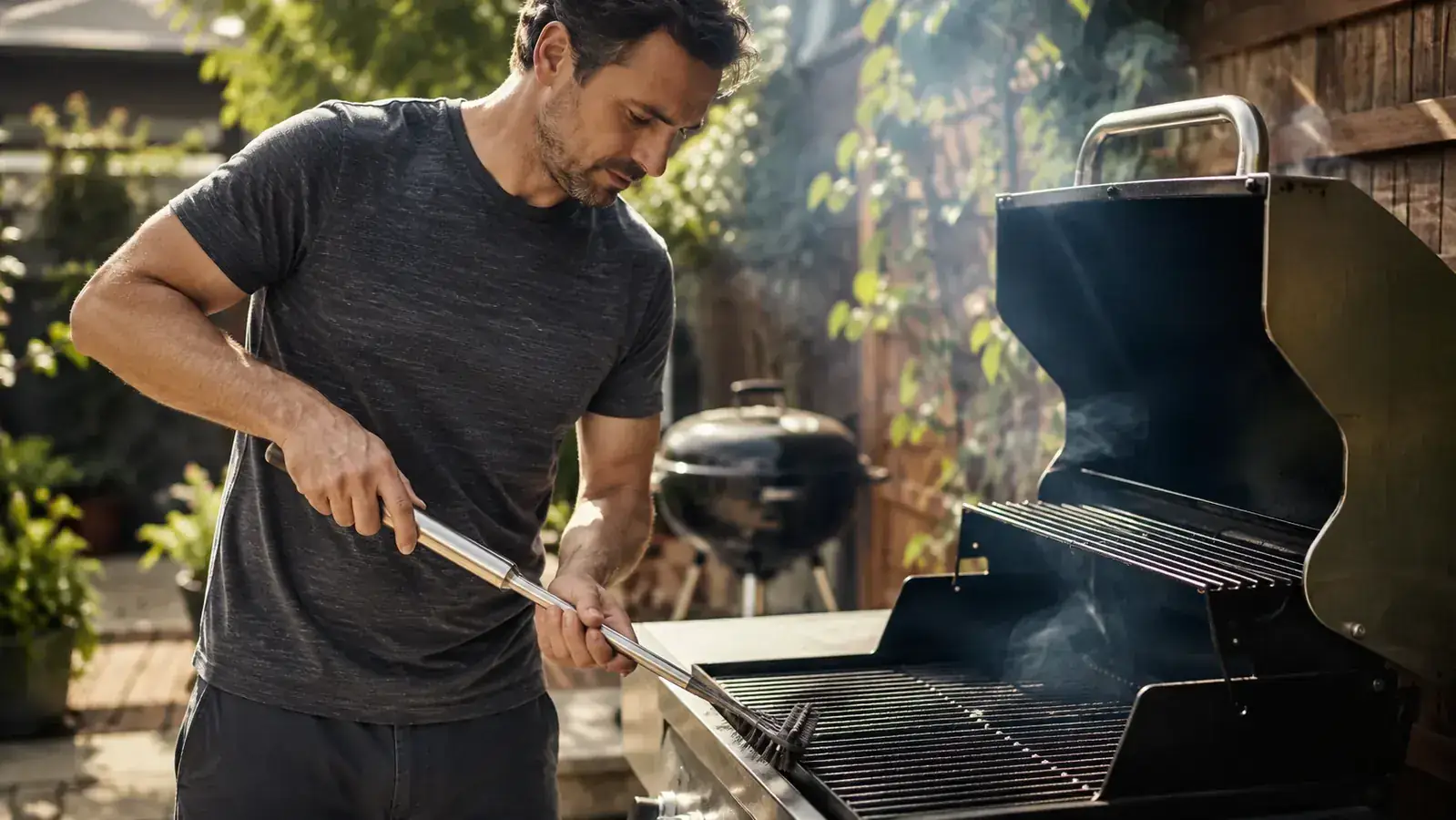 Backyard grill grates being scrubbed clean with a long-handled brush on a sunny afternoon, charcoal grill in soft focus behind