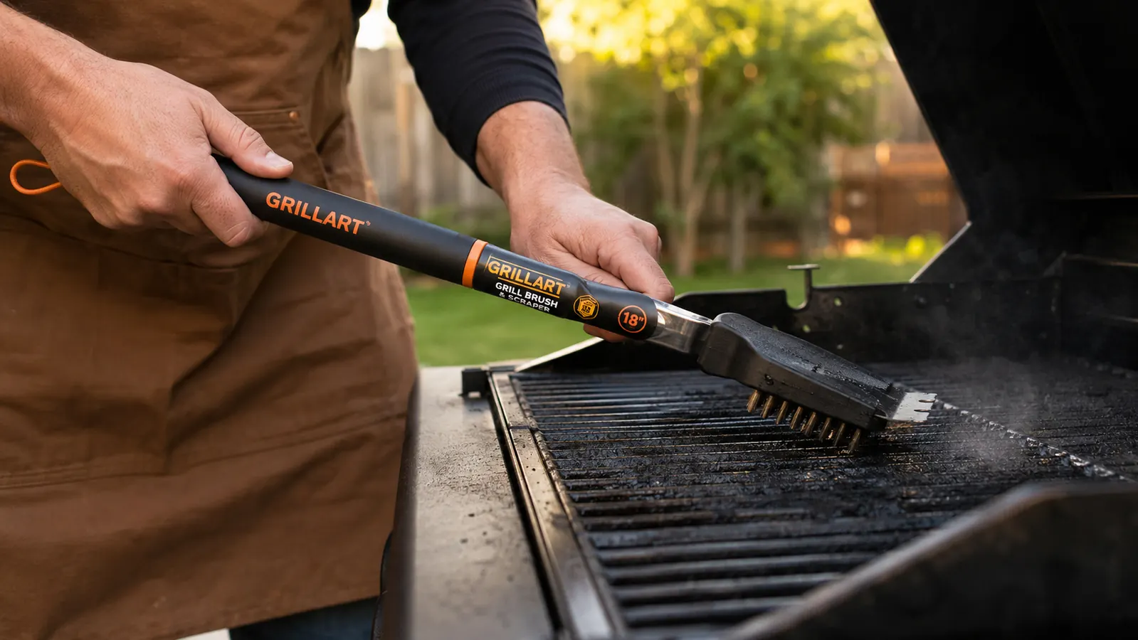 Hand holding the GRILLART grill brush and scraping carbonized residue off cast iron grill grates over a hot charcoal fire