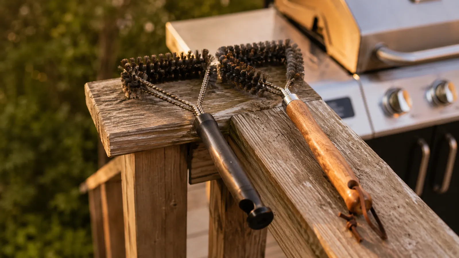 Two grill brushes side by side on a wooden deck railing with a gas grill in the background, late afternoon light