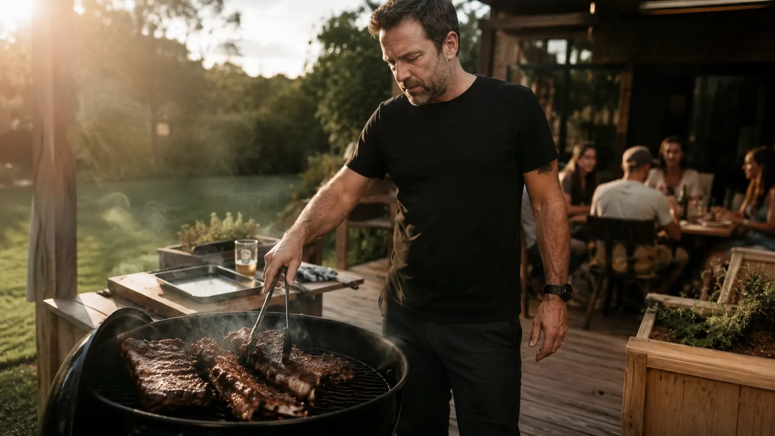 A backyard cook lifting the lid of a grill at golden hour, smoke curling over a full grate of chicken and vegetables
