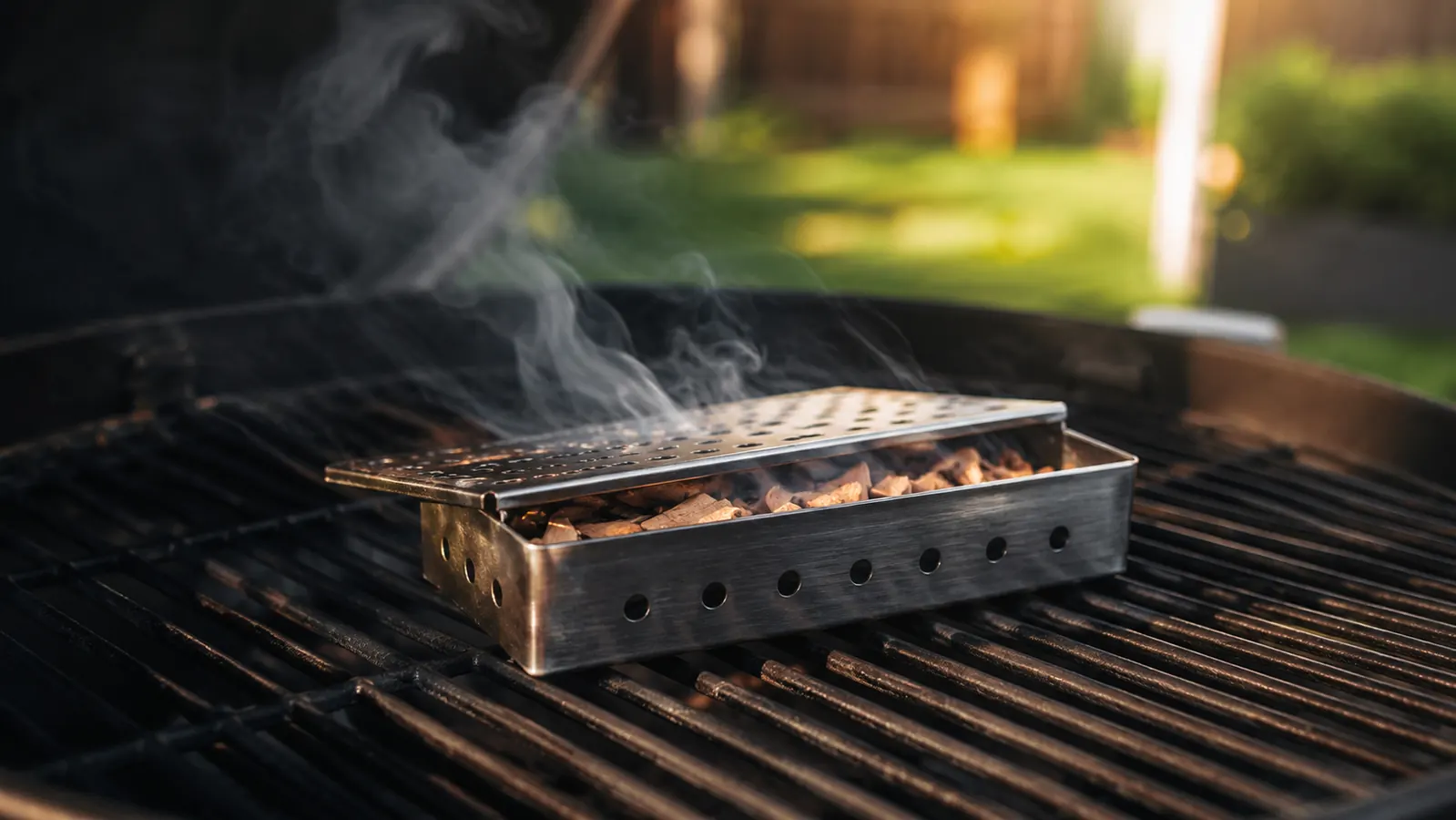 Weber smoker box sitting on gas grill grates with wisps of smoke rising from wood chips inside