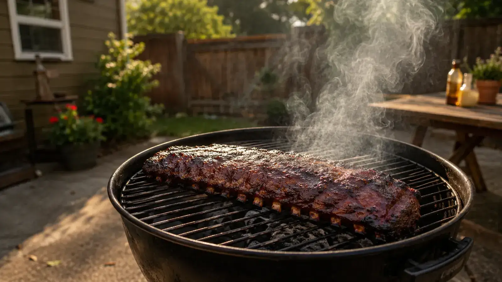 Rack of baby back ribs on a charcoal grill with wisps of smoke rising, backyard setting on a sunny afternoon