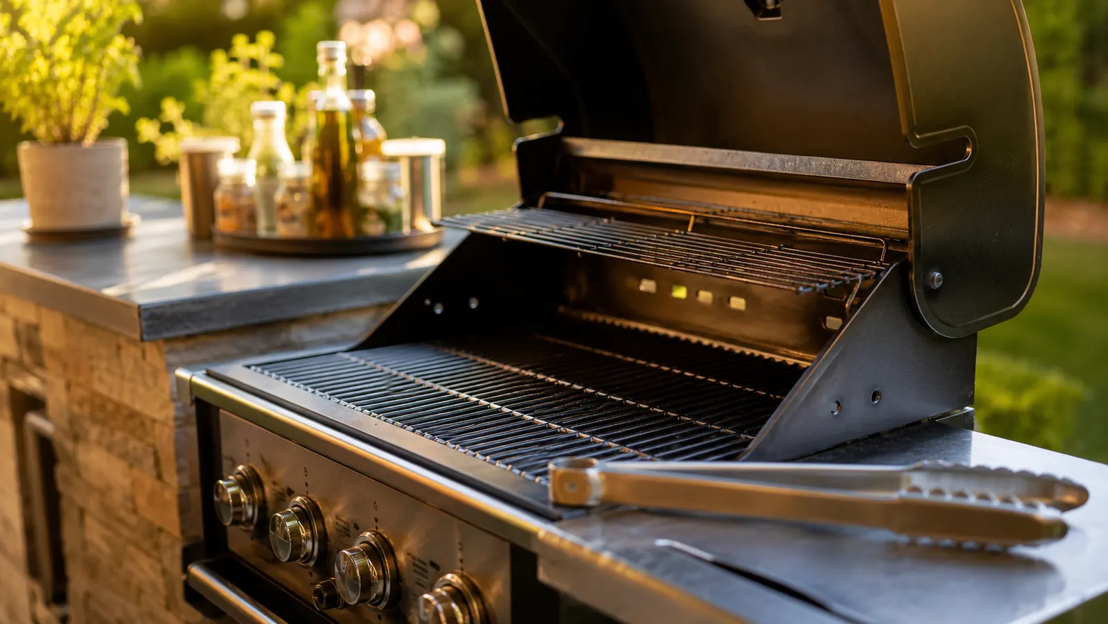 Backyard gas grill with clean, well-seasoned stainless steel grates ready for cooking