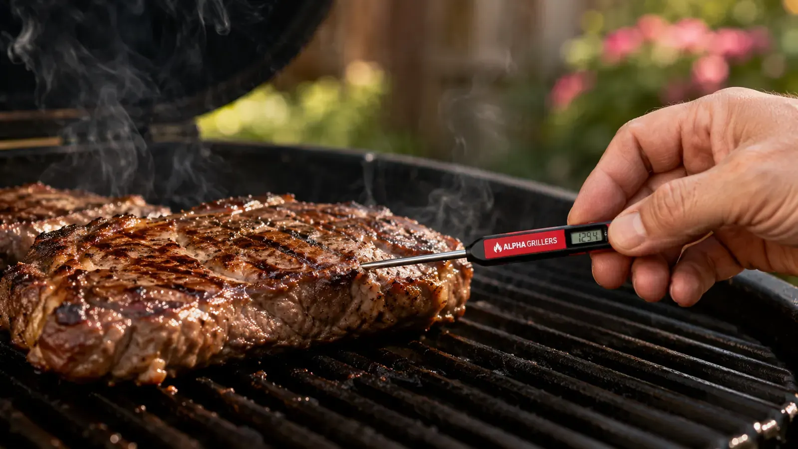 Hand inserting an Alpha Grillers instant-read thermometer probe into the side of a grilling steak