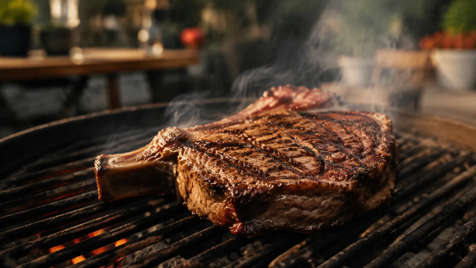 Thick ribeye steak on a charcoal grill with grill marks and smoke rising, warm evening backyard light