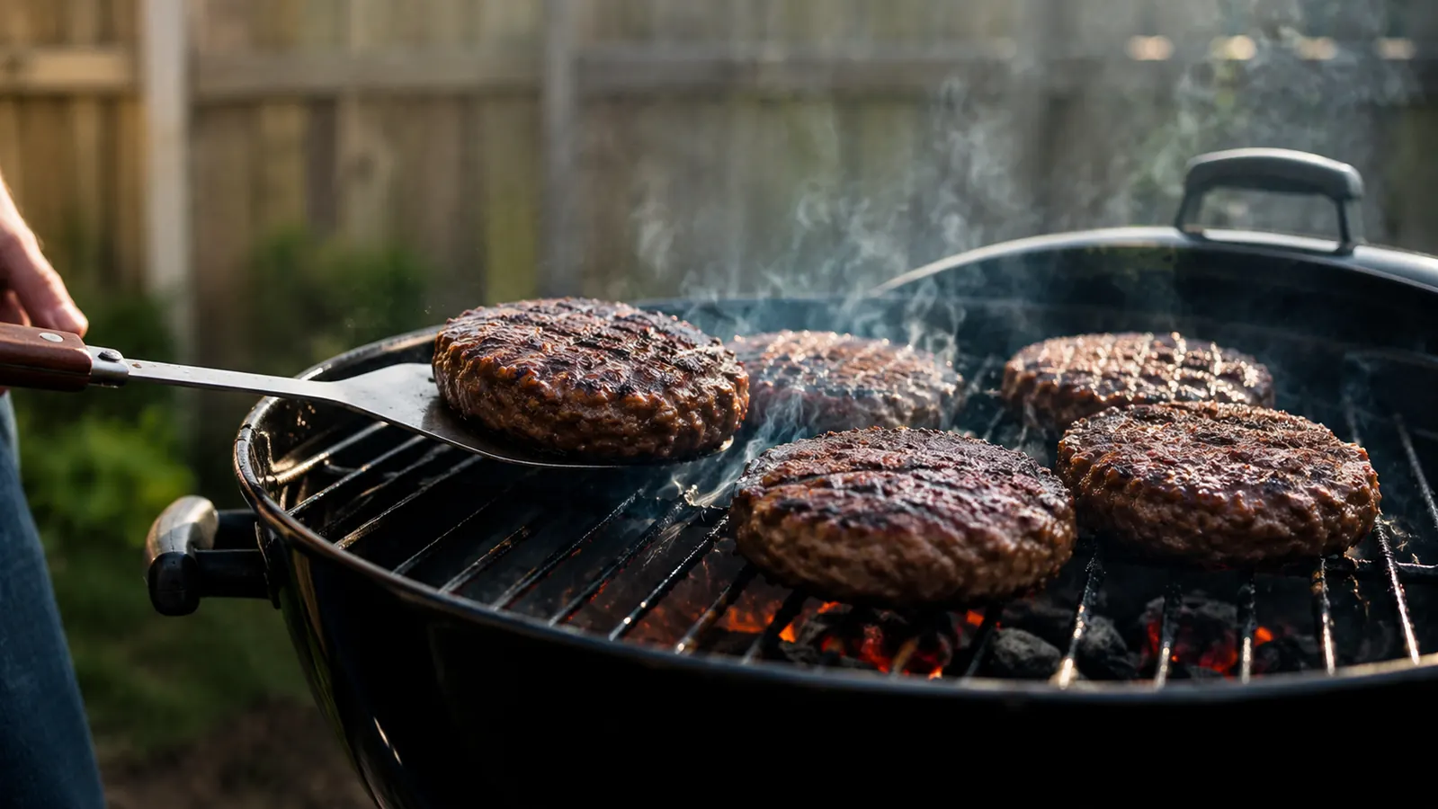 Grill grates with food on a fully lit charcoal fire, sear marks forming on burgers