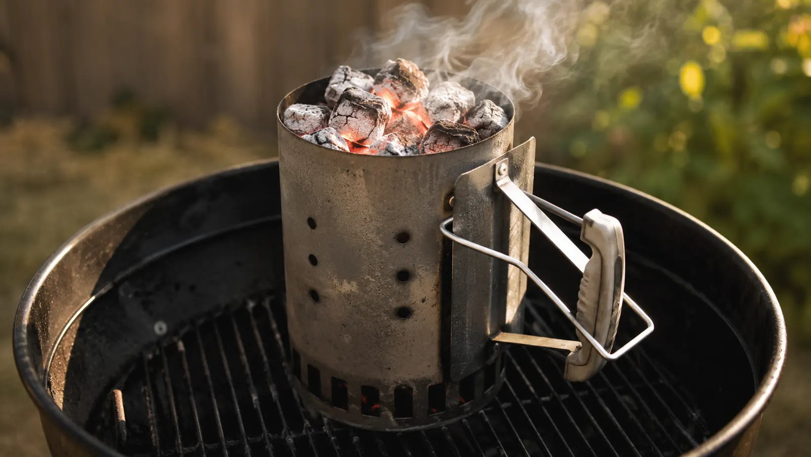 Charcoal chimney starter glowing with hot coals on a backyard patio, ready to pour onto a kettle grill