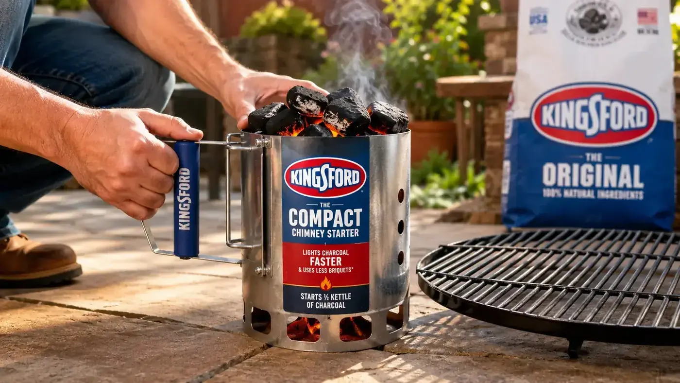 Hand holding the Kingsford chimney starter by its stay-cool handle, showing the compact size relative to a standard kettle grill grate
