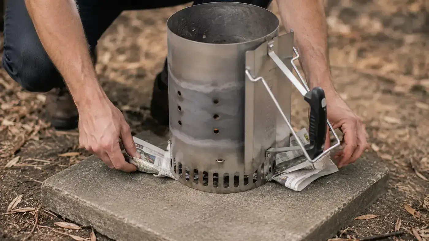 Newspaper sheets twisted and placed under the chimney starter grate, demonstrating the correct lighting method on a fire-safe surface