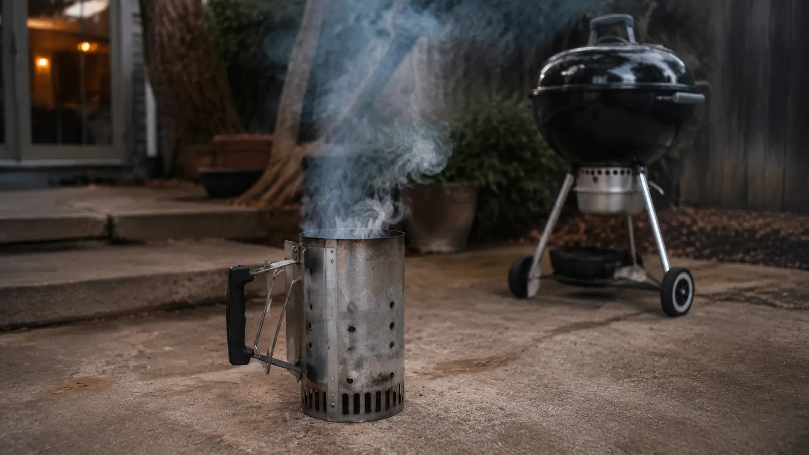 Kingsford compact chimney starter sitting on a concrete patio with charcoal smoke rising, Weber kettle grill in background