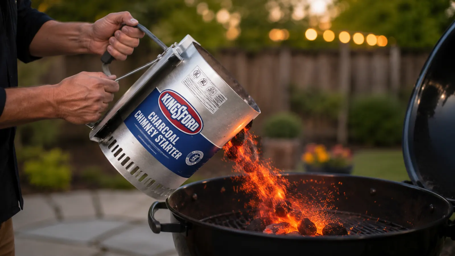 Hand pouring lit coals from a chimney starter into a kettle grill, orange embers cascading