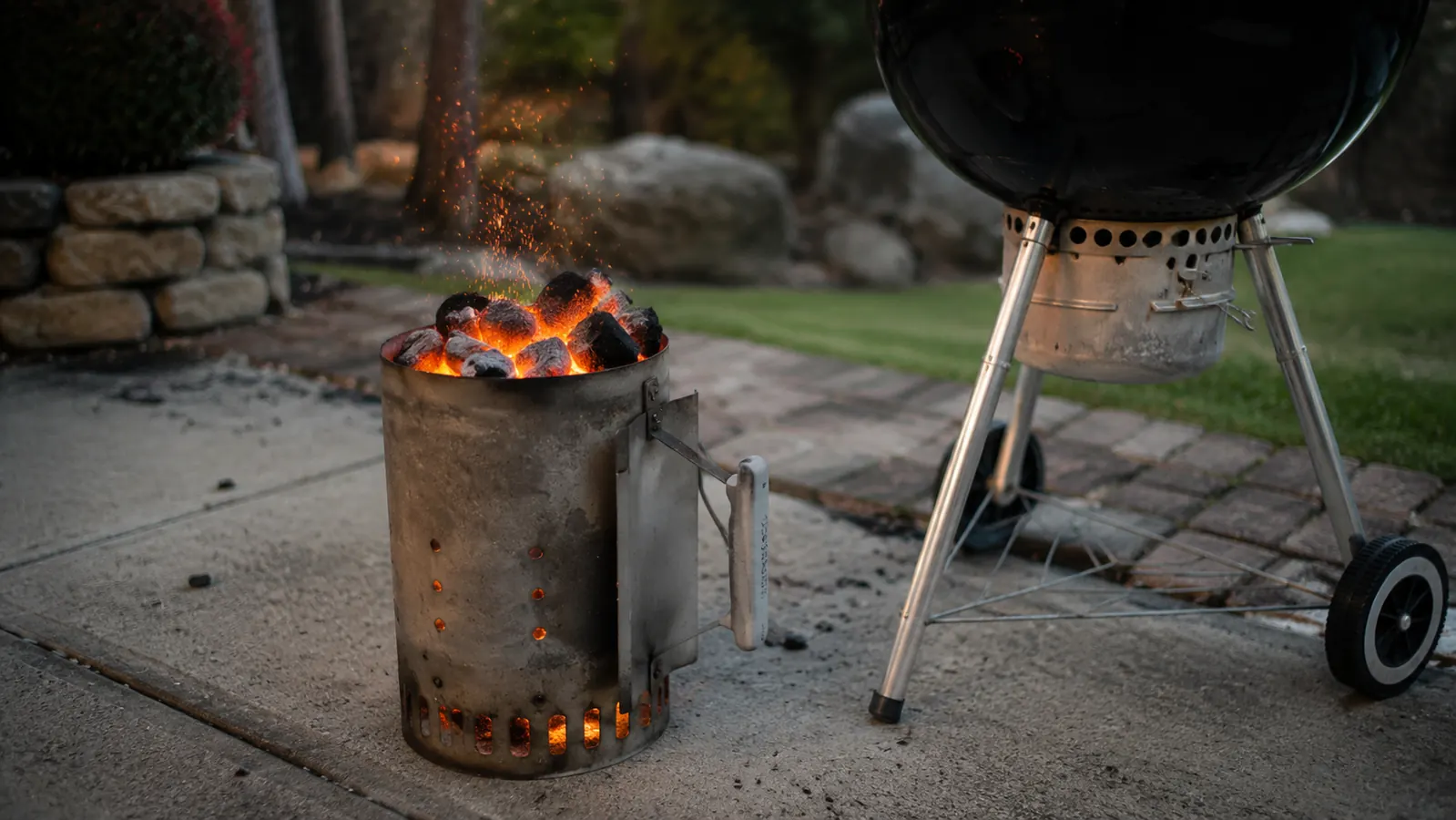 A chimney starter filled with glowing charcoal sitting on a concrete patio next to a kettle grill at dusk