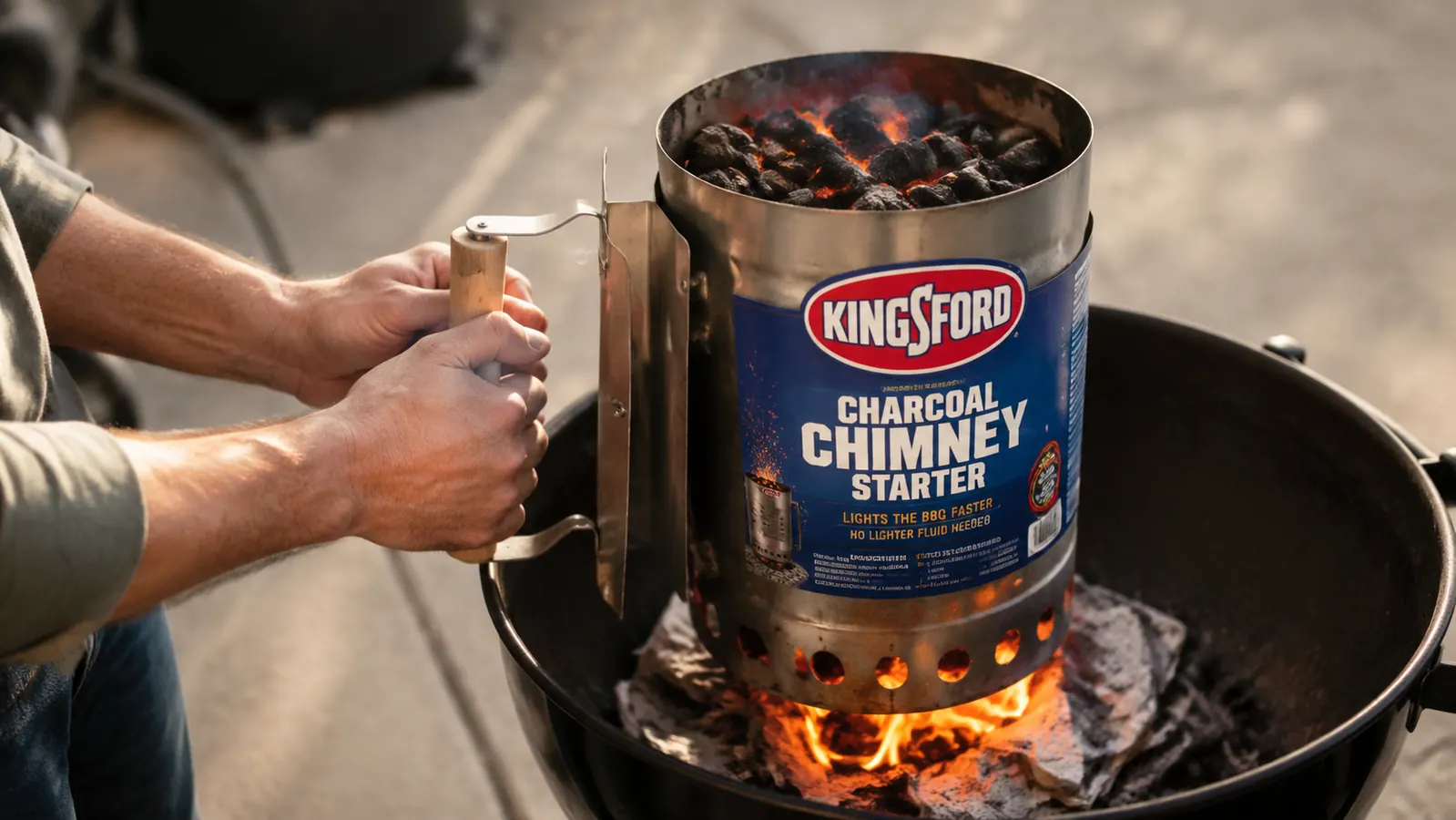 Hand holding the Kingsford chimney starter with a lit newspaper underneath, coals beginning to catch, backyard patio setting