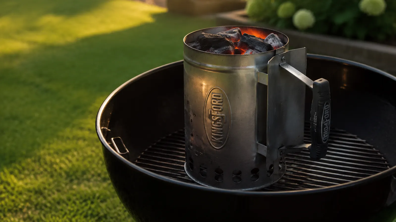 Kingsford chimney starter sitting on a charcoal grill grate, coals glowing orange at the top, warm late-afternoon backyard light