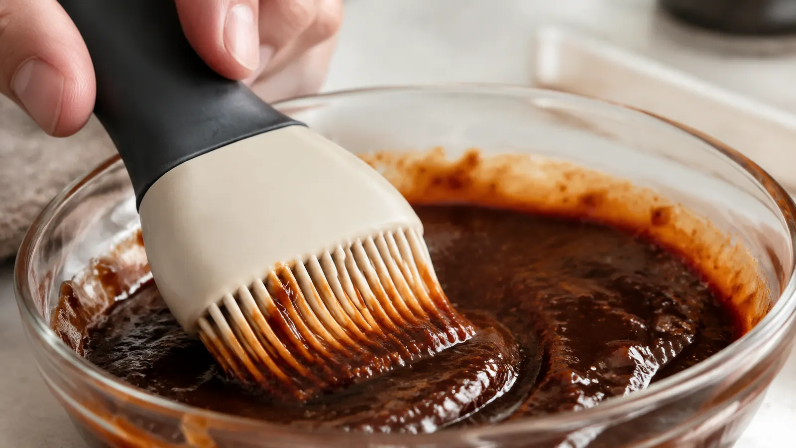 Silicone basting brush bristles bending as thick cold BBQ sauce resists being applied, showing the flexibility limitation