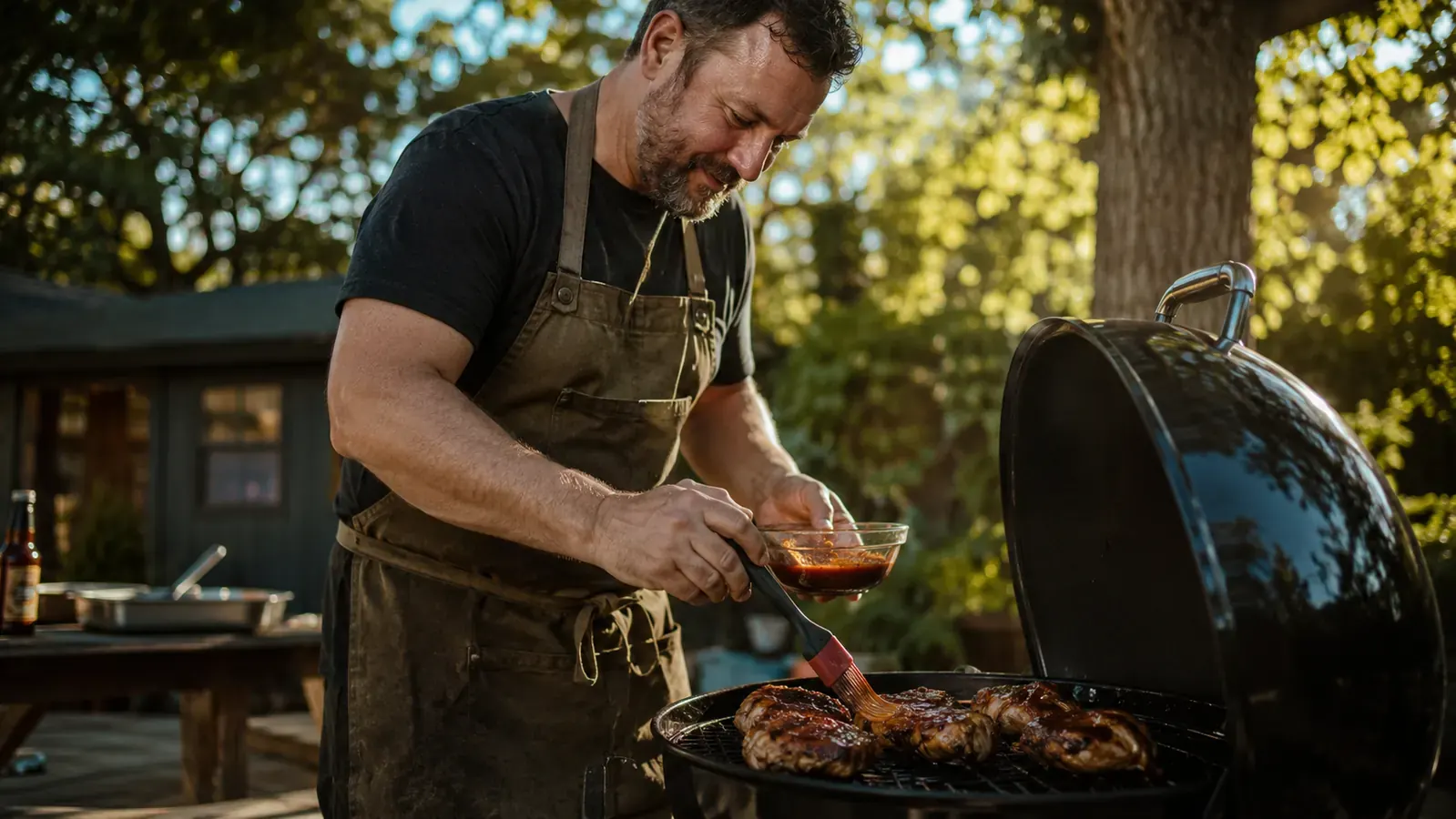 Backyard cook in worn apron standing at a charcoal grill, basting chicken thighs with a silicone brush