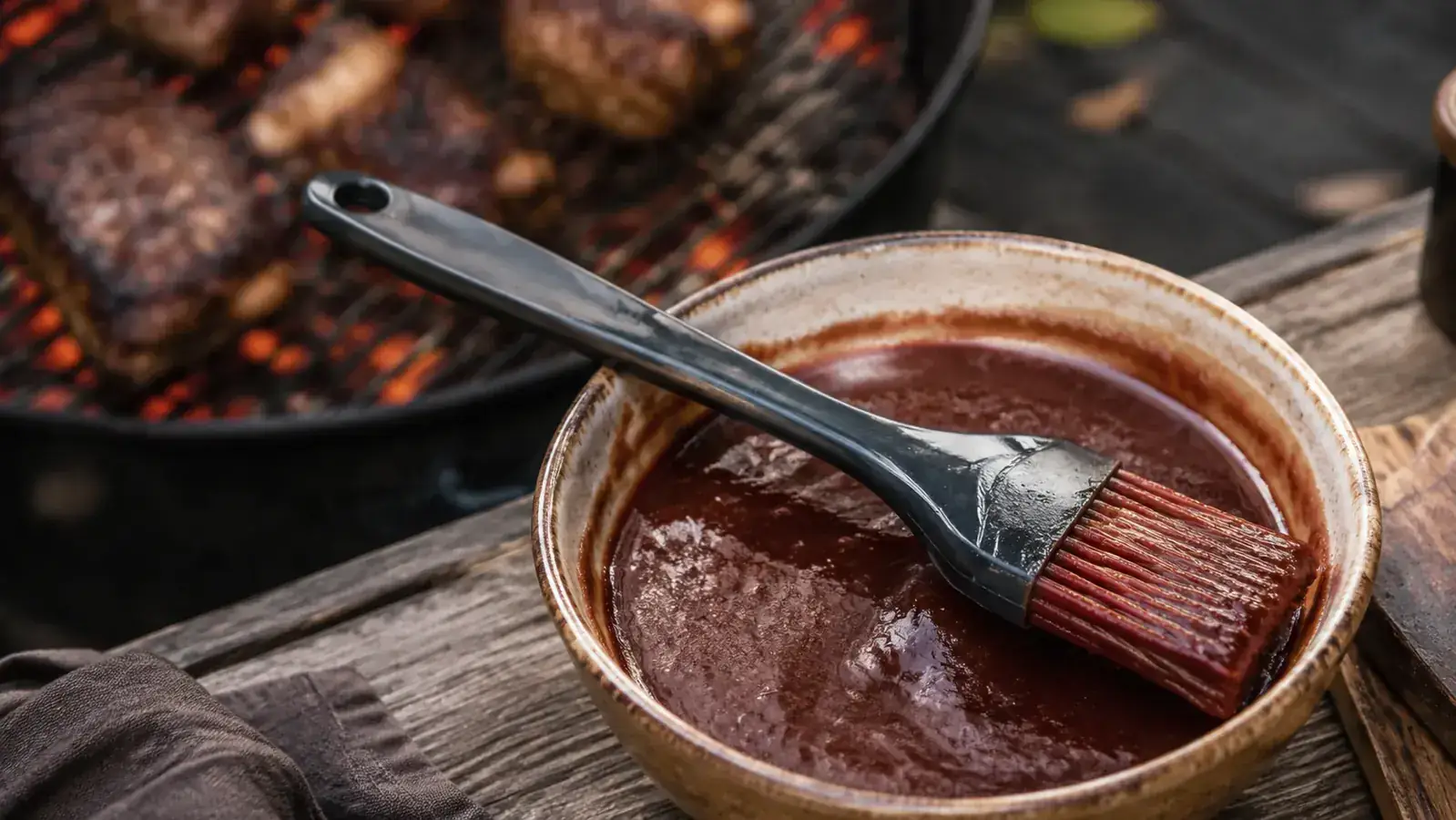 OXO Good Grips silicone basting brush propped against a bowl of BBQ sauce on an outdoor grill side table with a smoky charcoal grill in the background