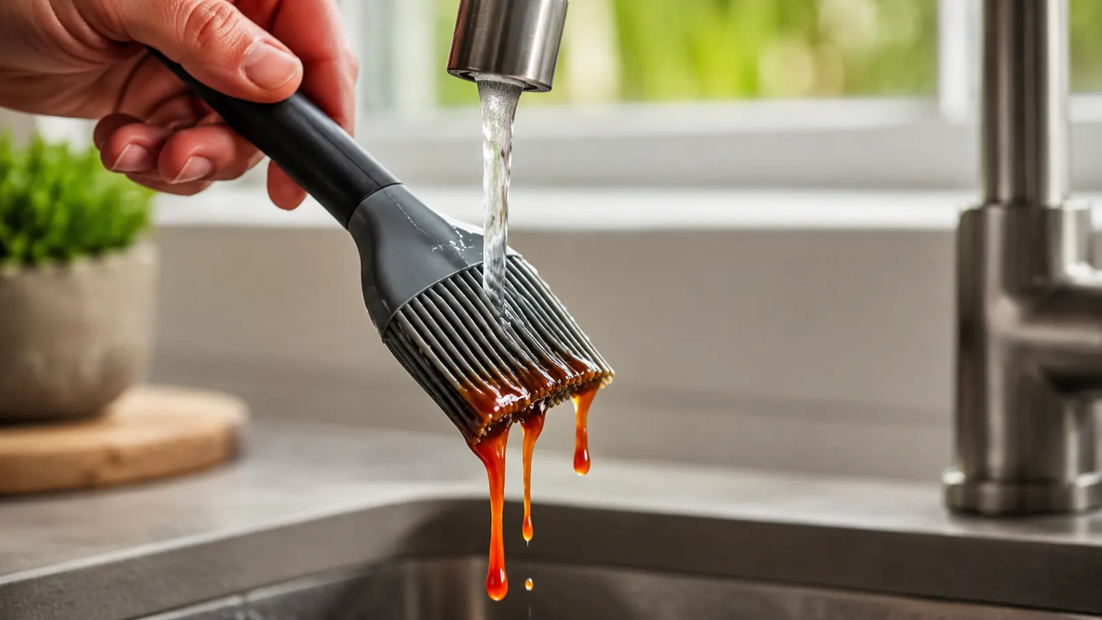 Close-up of a silicone basting brush being rinsed under kitchen faucet, sauce washing off cleanly