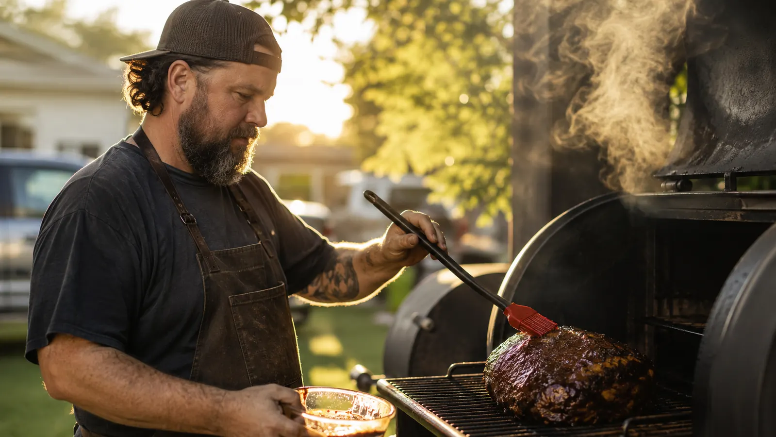 Jamie Cross style backyard pitmaster basting a whole pork shoulder on a smoker with a long-handled silicone brush