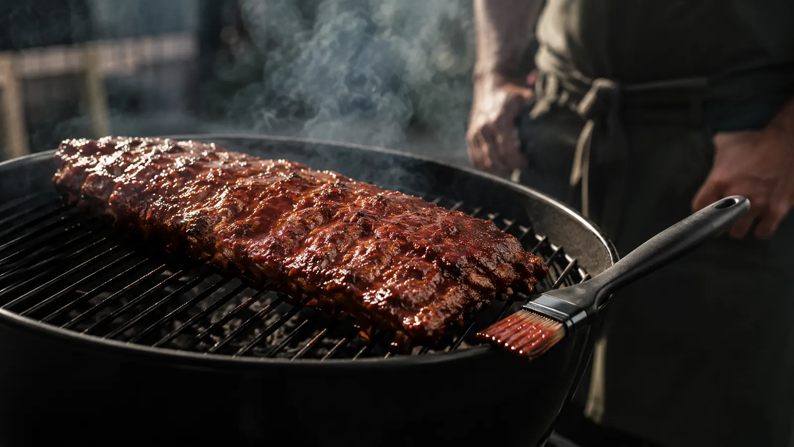 OXO Good Grips silicone basting brush resting on a wooden cutting board next to a rack of sauced baby back ribs on a backyard grill