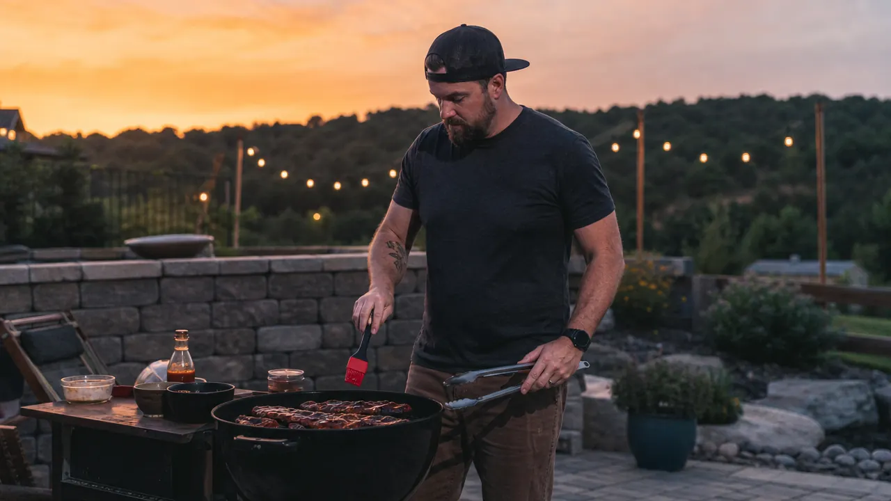 Backyard pitmaster standing at a charcoal grill at dusk, tongs in one hand, basting brush in the other