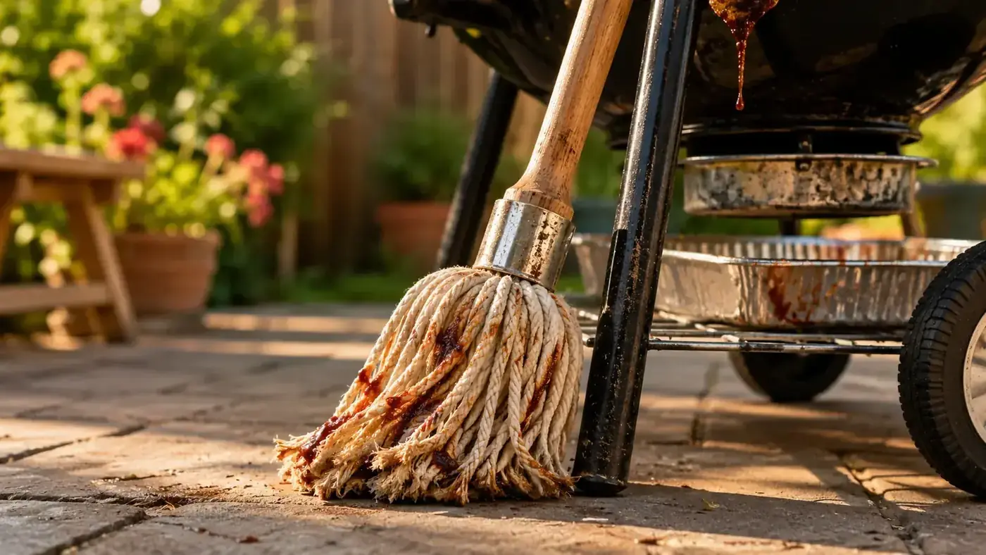 Traditional cotton BBQ mop brush soaking in a bucket next to a grill with burned-on sauce residue visible on the strands