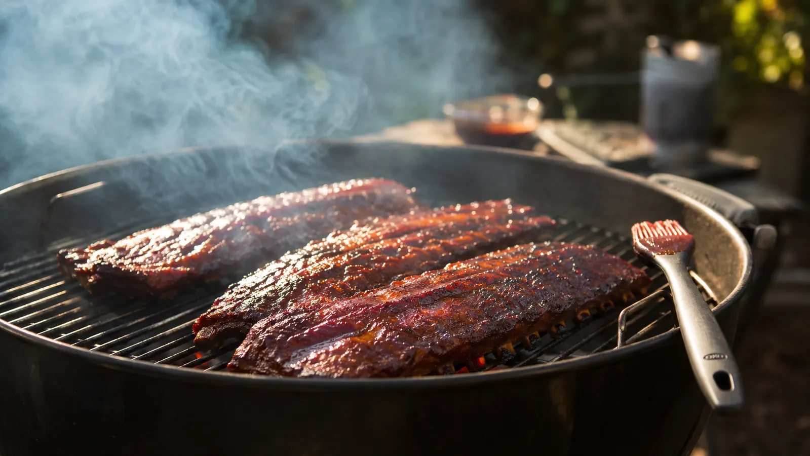 OXO silicone basting brush resting on a wood cutting board next to a rack of glazed ribs on a charcoal grill