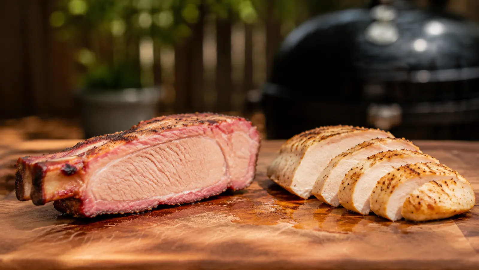 Sliced thick pork chop on a cutting board showing visible smoke ring versus thin chicken breast with no smoke ring