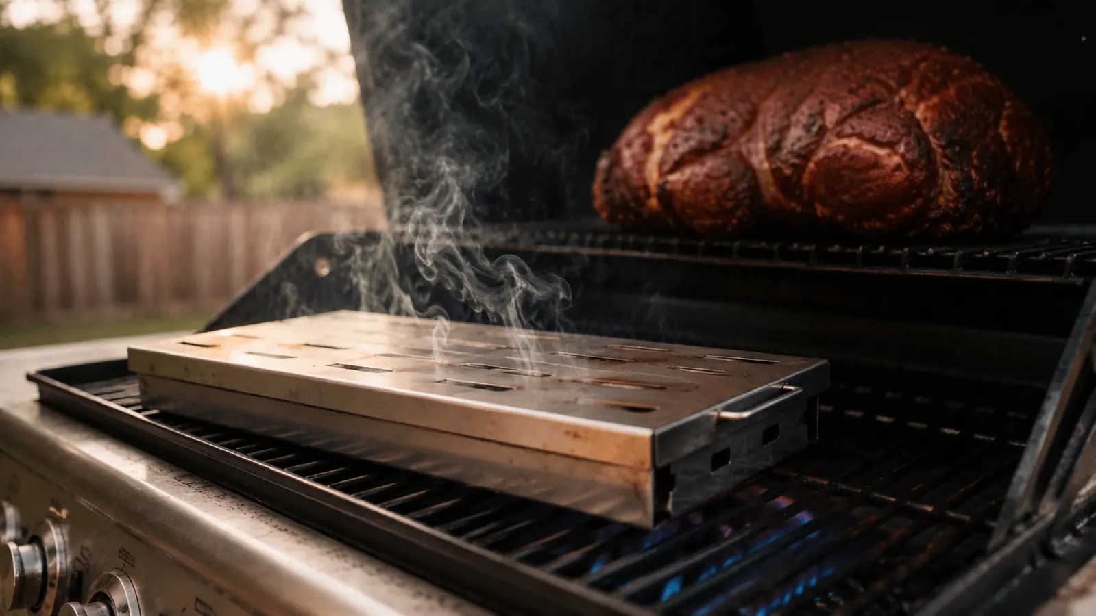 Weber stainless steel smoker box placed directly over a gas burner with smoke rising and a pork shoulder on the grill grate nearby